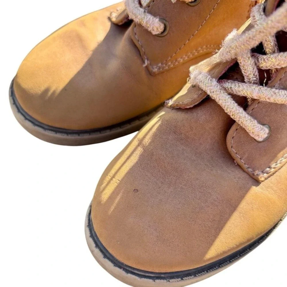 Cat & Jack Combat Boots Kids Size 12 Tan Good Zip Lace Up Pink Polka Dot Lining‎